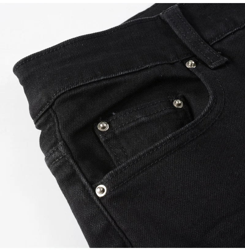 Herren Leder-Patch Biker-Jeans für Motorrad-Streetwear, Löcher, Ripped Patchwork Stretch-Denim-Hose, Schwarze Skinny Tapered Hose – Detail 7