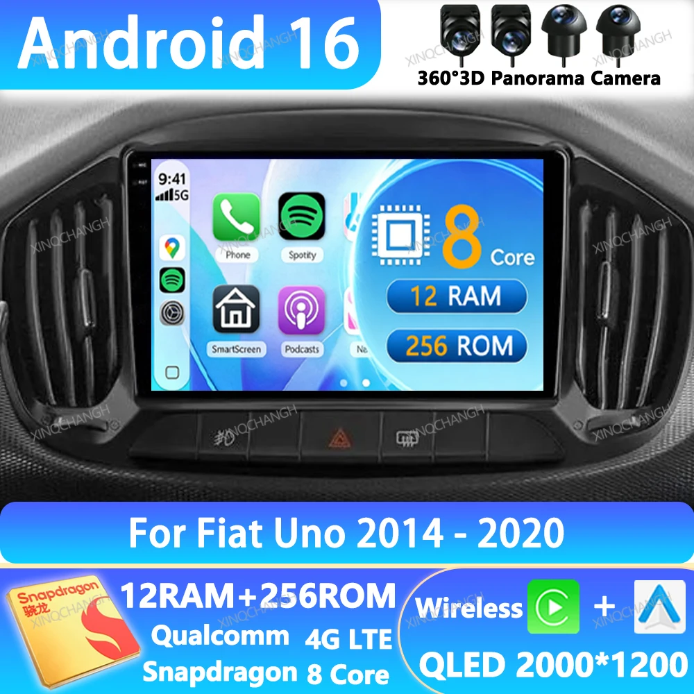 Radio para Auto con Android 16 para Fiat Uno 2014 2015 2016 2017 2018 2019 2020, BT, 4G LTE, 5G WIFI, Reproductor Multimedia de Video, Navegación 2DIN