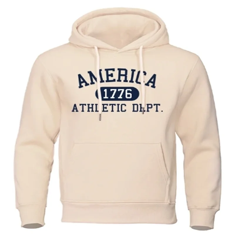 America 1776 Athletic Dept Letter Print Mans Hoodies Pocket O-Neck Sweatshirt Autumn Soft Sweatshirt Casual Loose Man Clothing