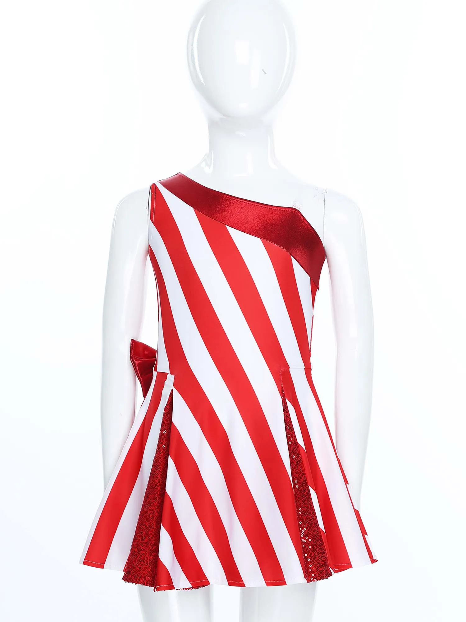 4-16Y الفتيات عيد الميلاد السنة الجديدة حفلة قصب الحلوى فستان مخطط مهرجان عيد الميلاد زي كتف واحد معدني القوس الترتر فساتين #3