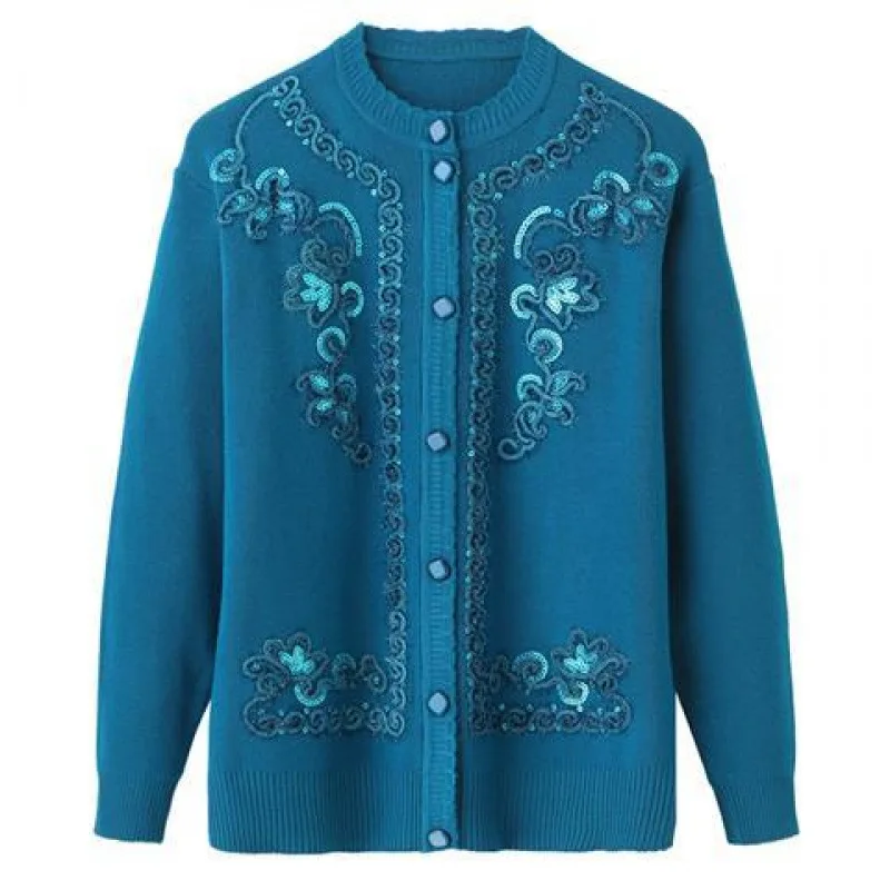 Round Neck Color Blocking Pattern Women's Knitted Cardigan Middle-Aged Elderly Mother's Clothes Spring Autumn Long Sleeve Top