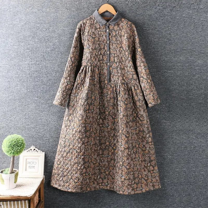 Cotton-padded Dresses Korean Style Women Winter Warm Outwear Thickened Cotton Linen Floral Printed Dress