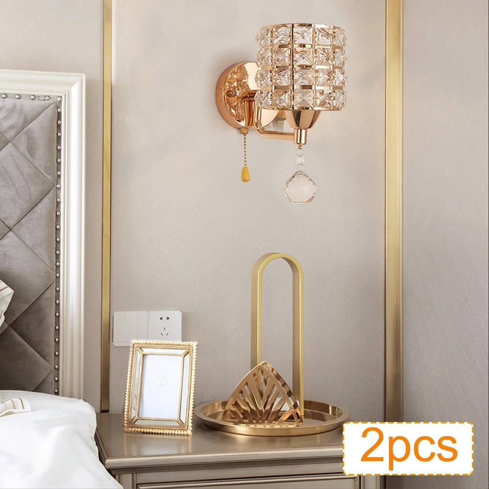 2 PIECES Crystal Modern Wall Lamp with Pull Switch for Living Room, Bedroom, Hallway and Staircase,E27 Socket (Gold)