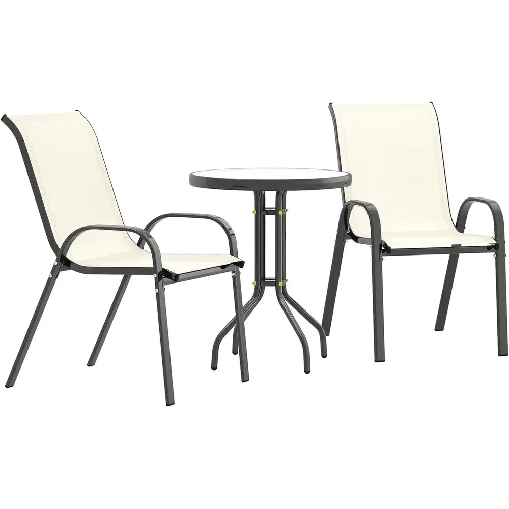 

Compact Outdoor Bistro Set with Stackable Chairs and Glass Top Table, Ideal for Patio, Balcony, or Garden in Beige