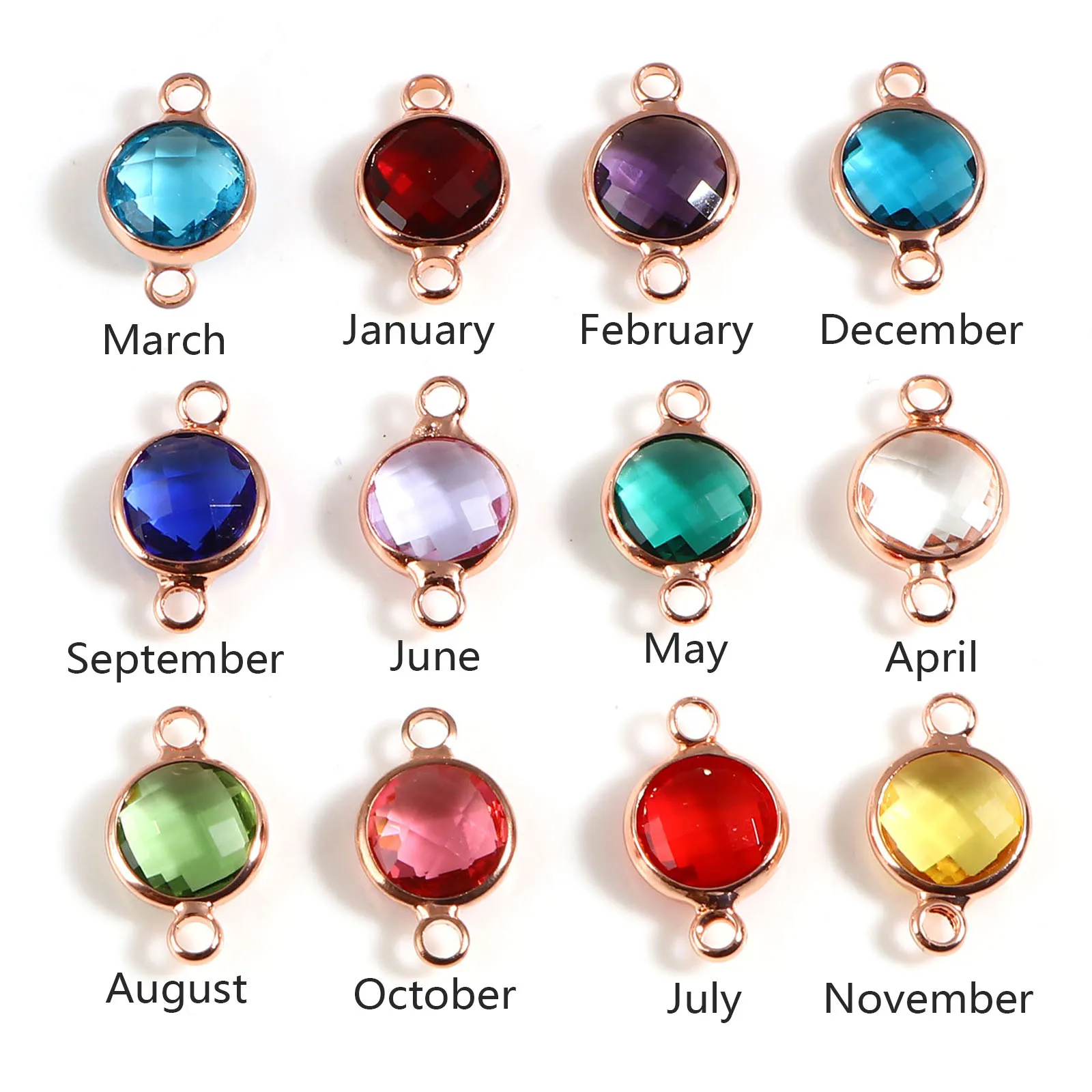 5PCs Copper Glass Birthstone Connectors Rose Gold Color Round Faceted Charms DIY Making Necklace Bracelets Jewelry Findings
