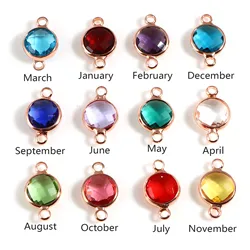 5PCs Copper Glass Birthstone Connectors Rose Gold Color Round Faceted Charms DIY Making Necklace Bracelets Jewelry Findings