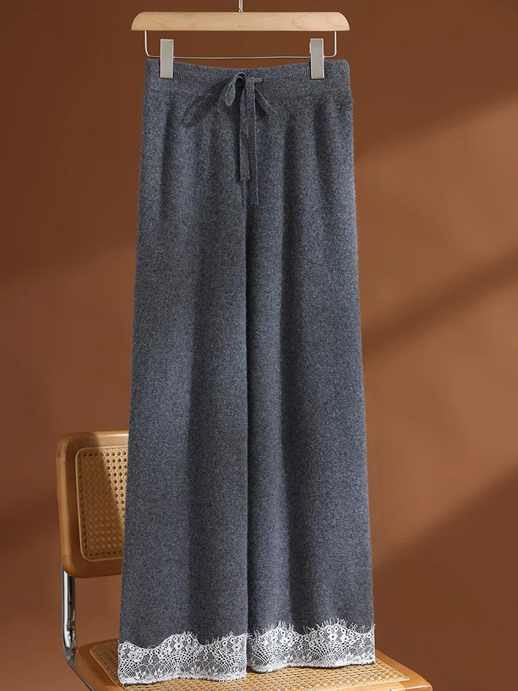 

TLOML Women 100% Merino Wool Knitted Wide Leg Pants Lace pants leg Autumn Winter Soft Cashmere Casual Drawstring Knit Trousers