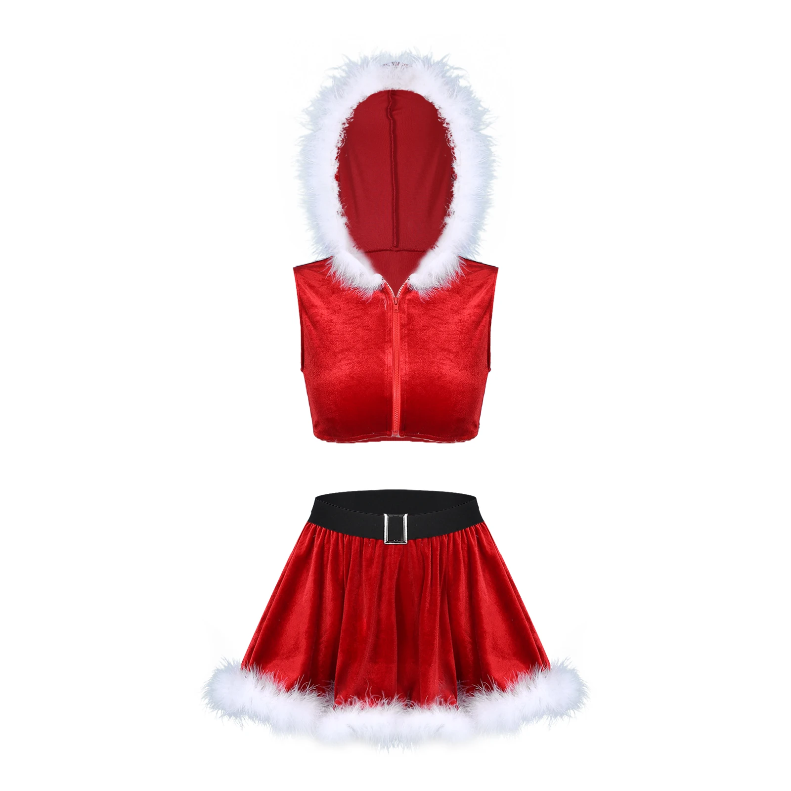 

Womens Christmas Outfit Role Play Costume Feather Trim Hooded Velvet Sleeveless Crop Top Ruffle Mini Skirt Set