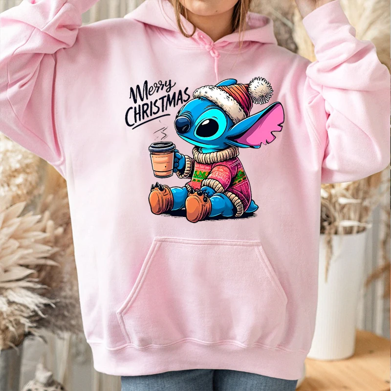 Stitch Christmas Print Women\'s Autumn and Winter Hoodie Plus Velvet Sports Sweater Pink Loose Top