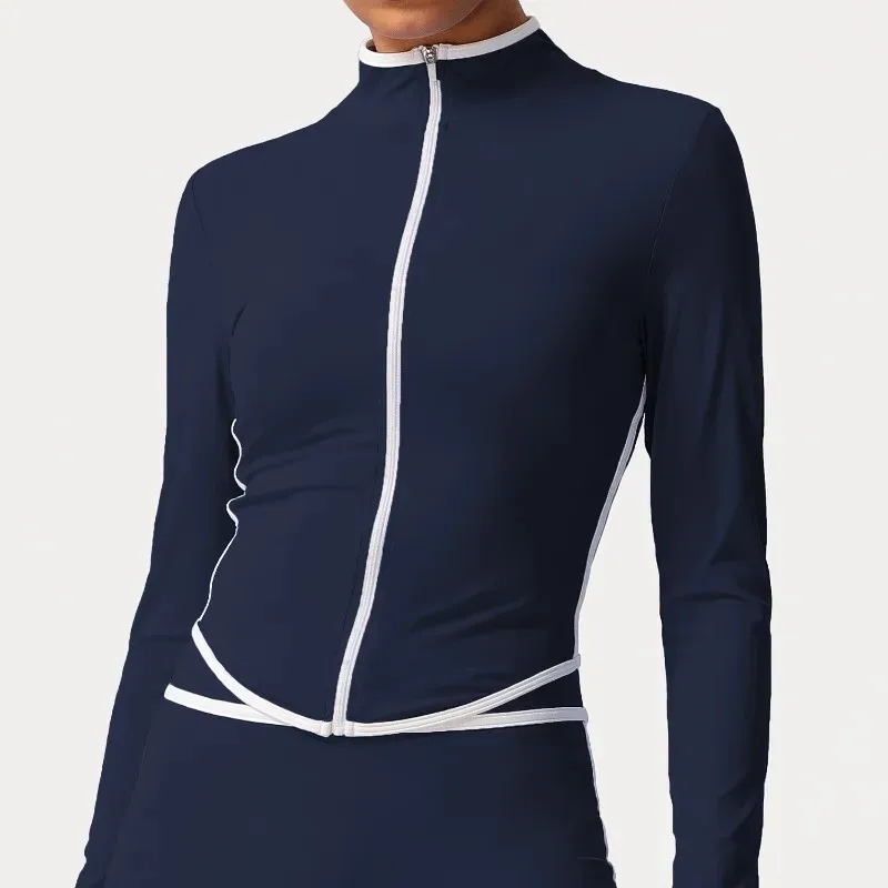 

Женская куртка для йоги, одежда для фитнеса и бега, цветная молния, длинный рукав, воротник-стойка, спортивный топ, осень-зима