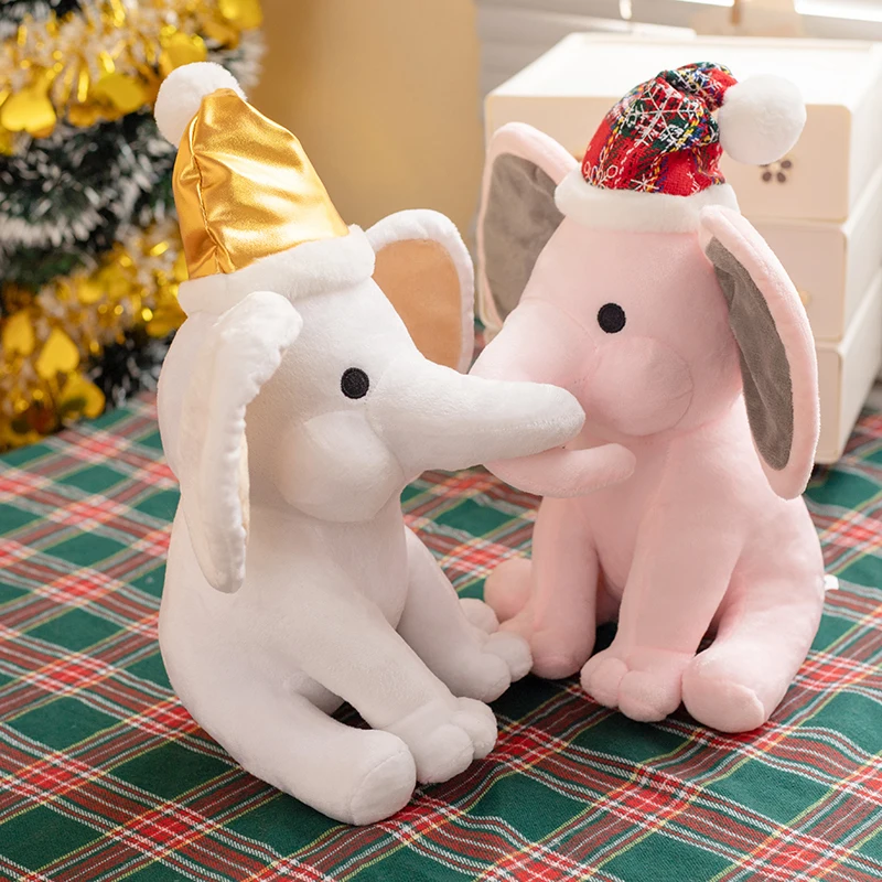 Éléphant de dessin animé câlin assis moelleux, chapeau de père Noël au beurre, jouets en peluche de Noël, décor de fête à la maison doux, cadeau mignon