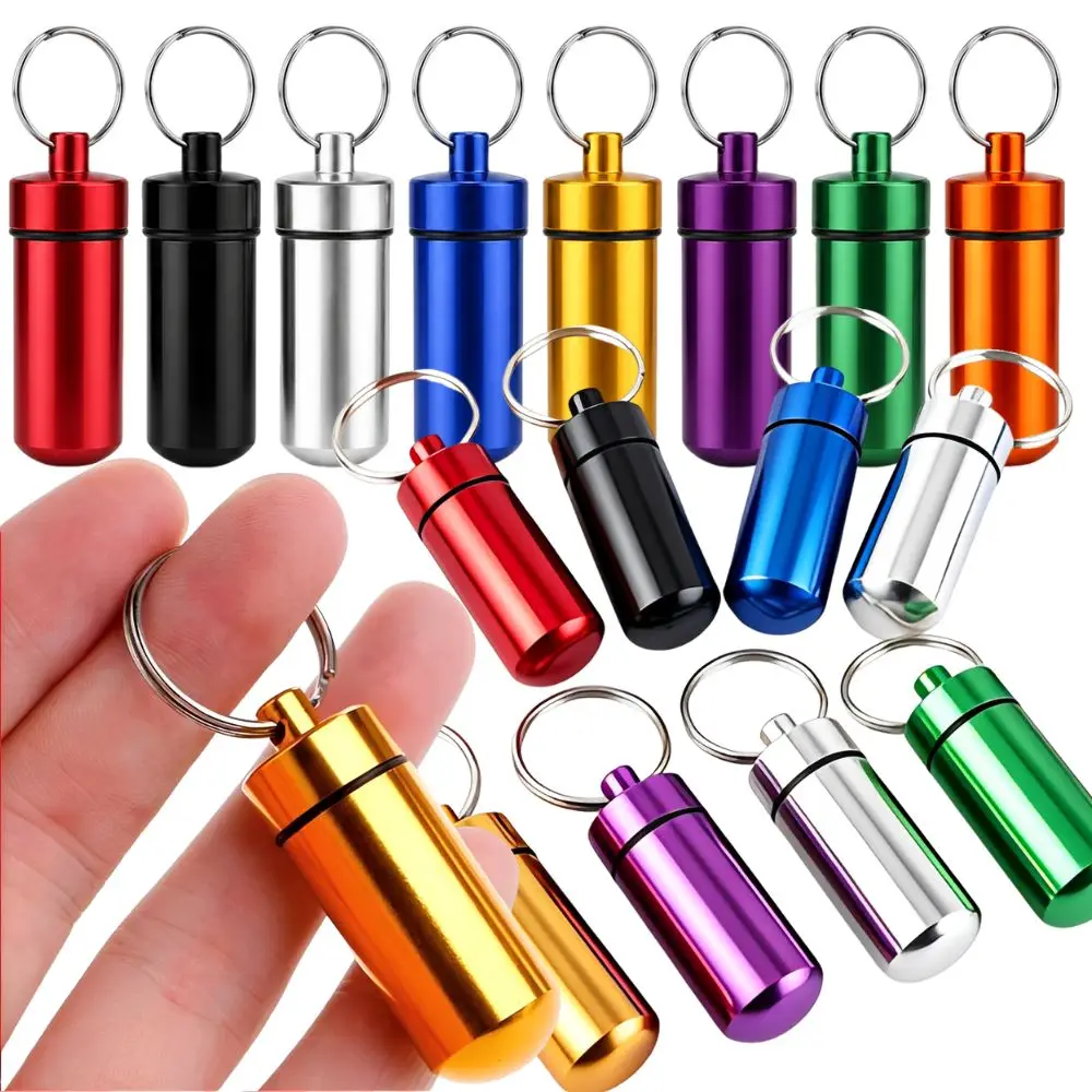 3/6/14pcs Random Color Mini Aluminum Pill Vial Keychain Waterproof Emergency Tablet Storage Can YMY