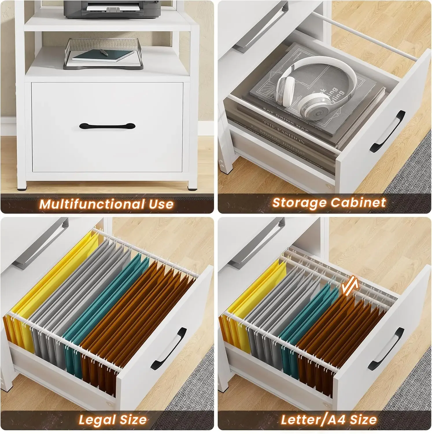 مكتب كمبيوتر أبيض مقاس 66 بوصة مع 5 أرفف تخزين لدرج الملفات وخزانة الطابعة #6