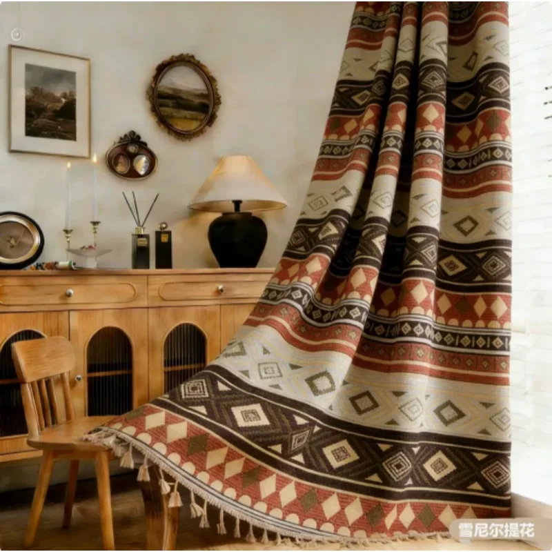 American Country Chenille Jacquard Finished Curtains for Living Room & Bedroom,Stripes Blackout & Breathable Drapes