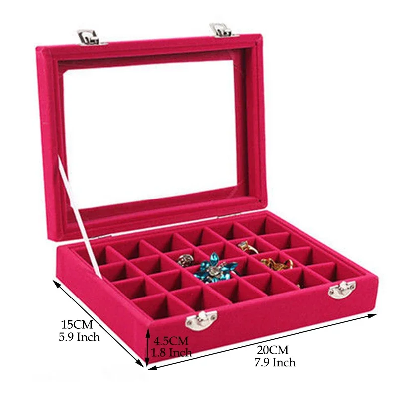 Velvet 24Grids Rings Earrings Jewelry Box Storage Necklaces Holder Case Organizer Beads Jewelry Storage Box 20*15*4.5cm