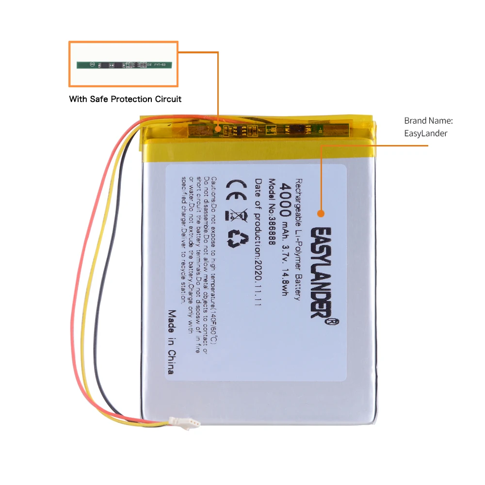 3Wires 386888 3,7 V 4000 MAH Polimerowa bateria litowo-jonowa Ror Onyx Book Ceasar 2 DARWIN 3/4/5/6 E-BOOK Vasco De Gama PH 386888 PL