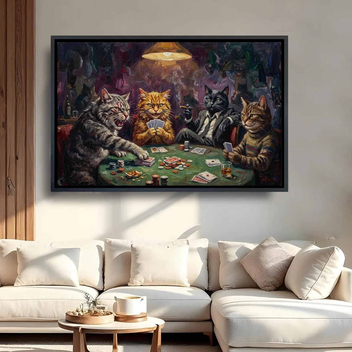 Katzen-Spielkarten, gerahmte Leinwand-Wandkunst, bunte Tierdekoration für Wohnzimmer, skurriler Neon-Katzen-Heimdruck
