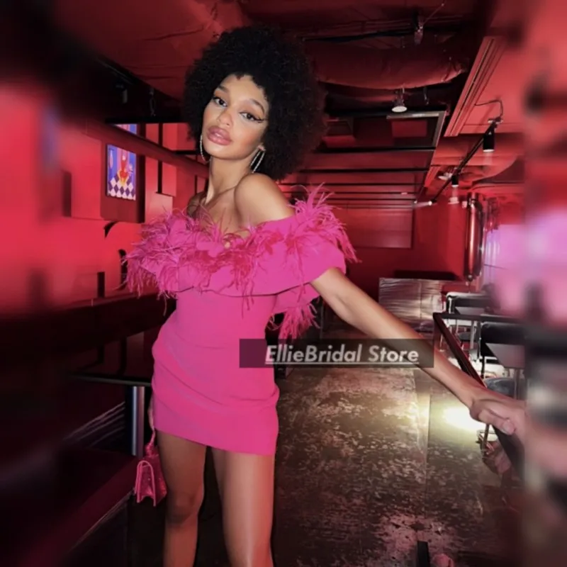 

Hot Pink Cocktail Dresses Strapless Ruffles Feathers Birthday Dress Woman Sexy Mini Party Outfit vestidos de Gala Customized
