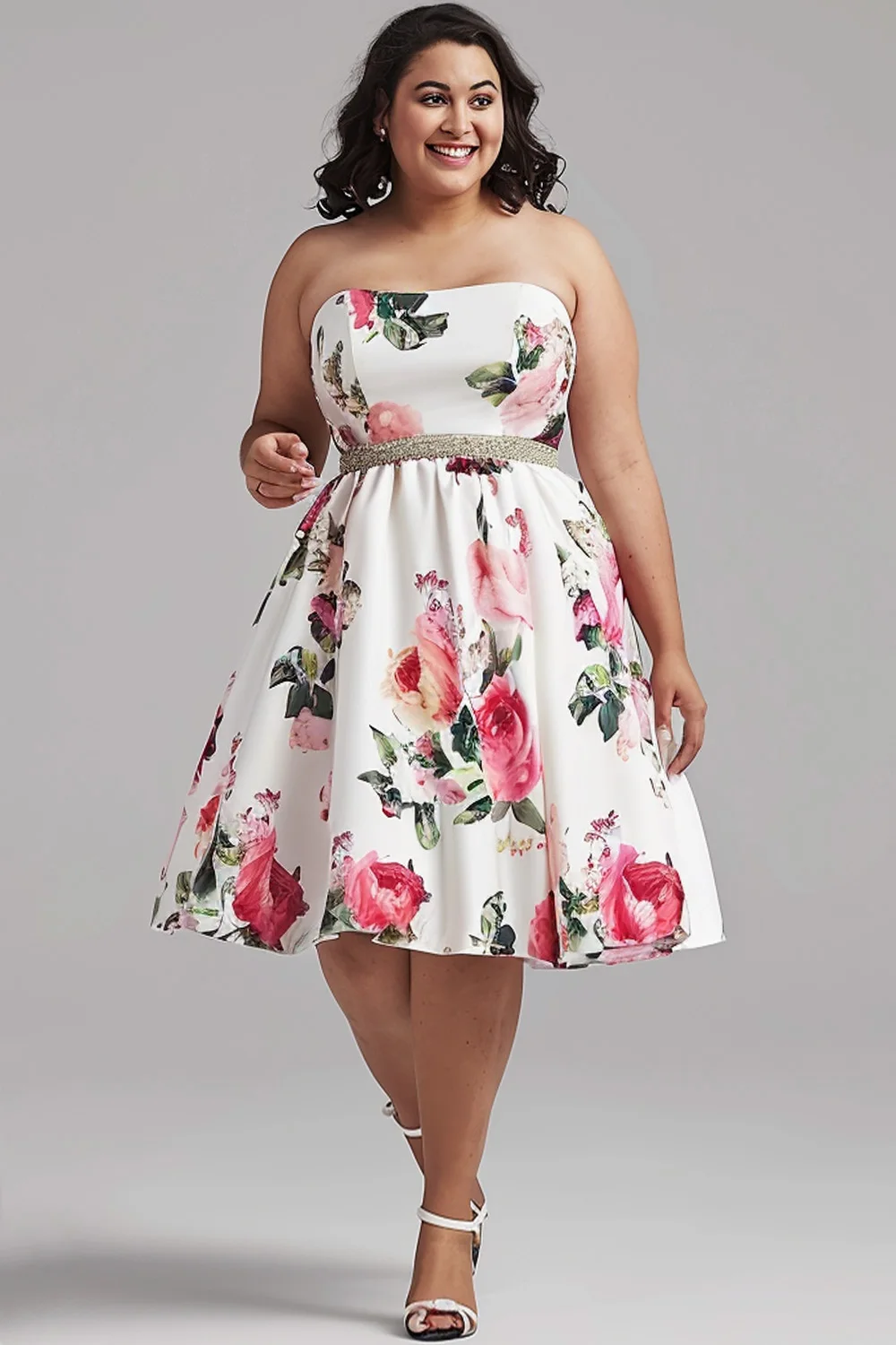 

Flycurvy Plus Size Bridesmaid White Floral Print Strapless Midi Dress