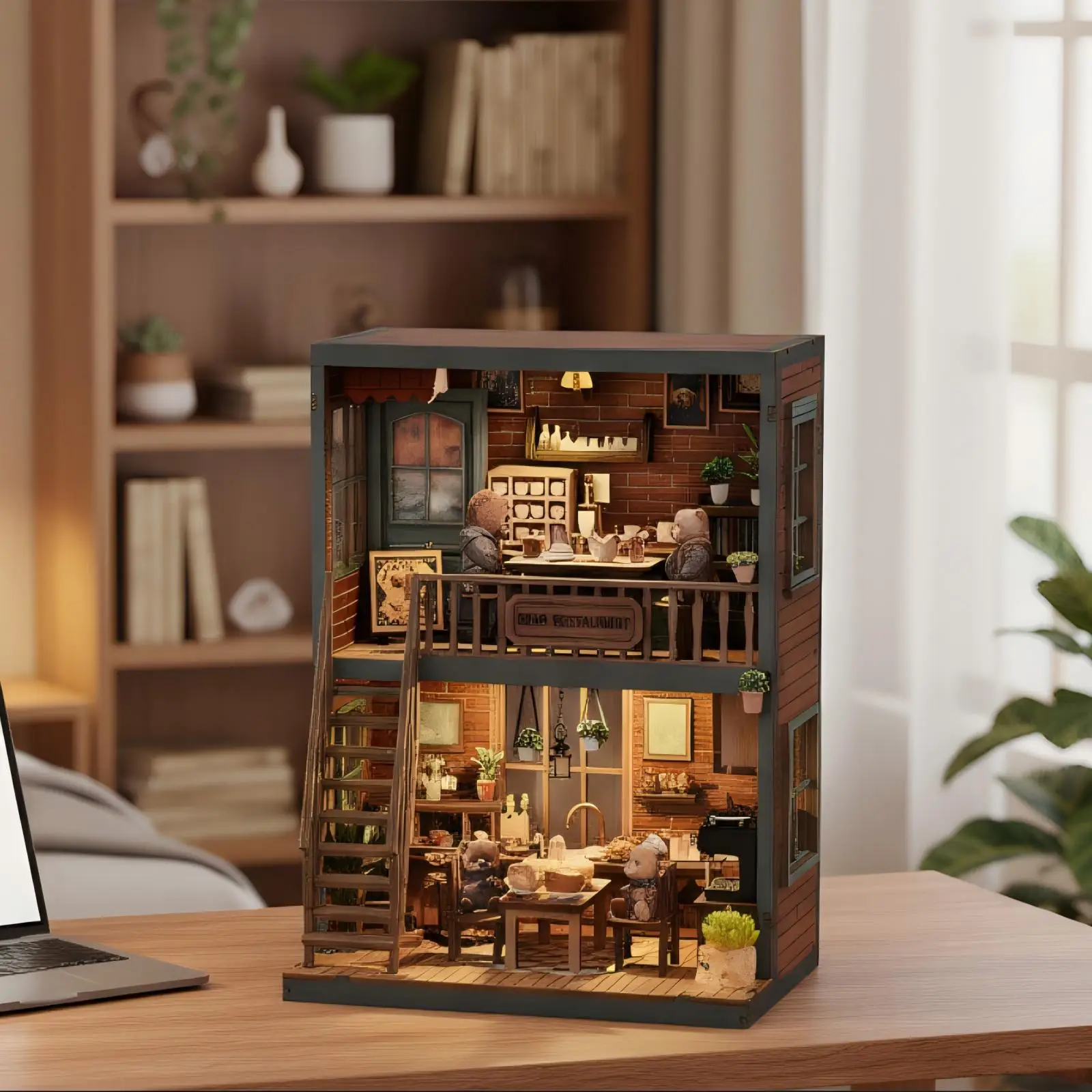 لتقوم بها بنفسك دمية خشبية لطيف الدب مطعم نموذج مصغر مع مجموعة الأثاث ثلاثية الأبعاد تجميع لعبة للأطفال الكبار هدية كازا #2