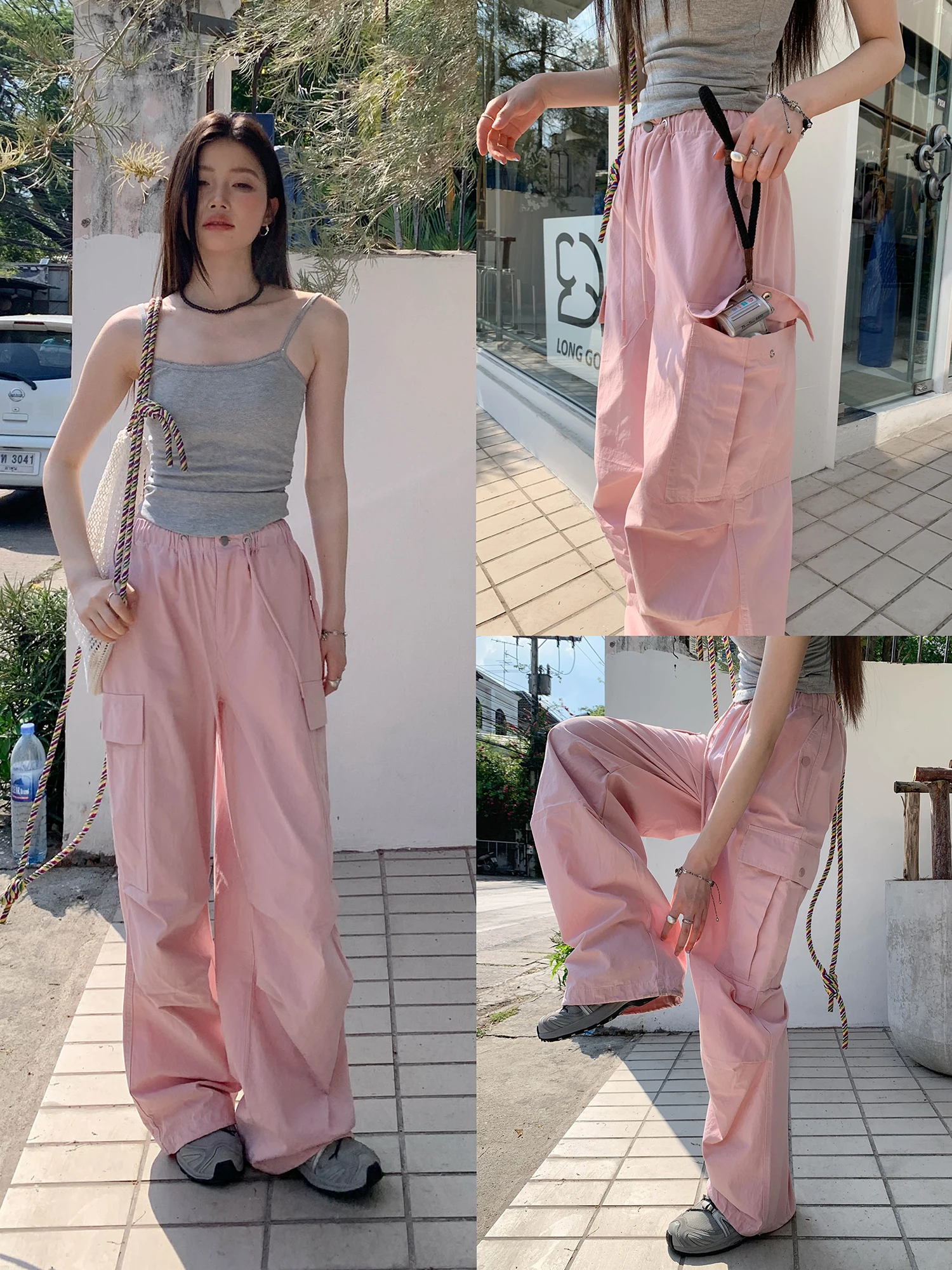 

Розовые повседневные рабочие брюки с высокой талией, широкими штанинами, прямым кроем, тонкие, летние, новинка, женские модные длинные брюки