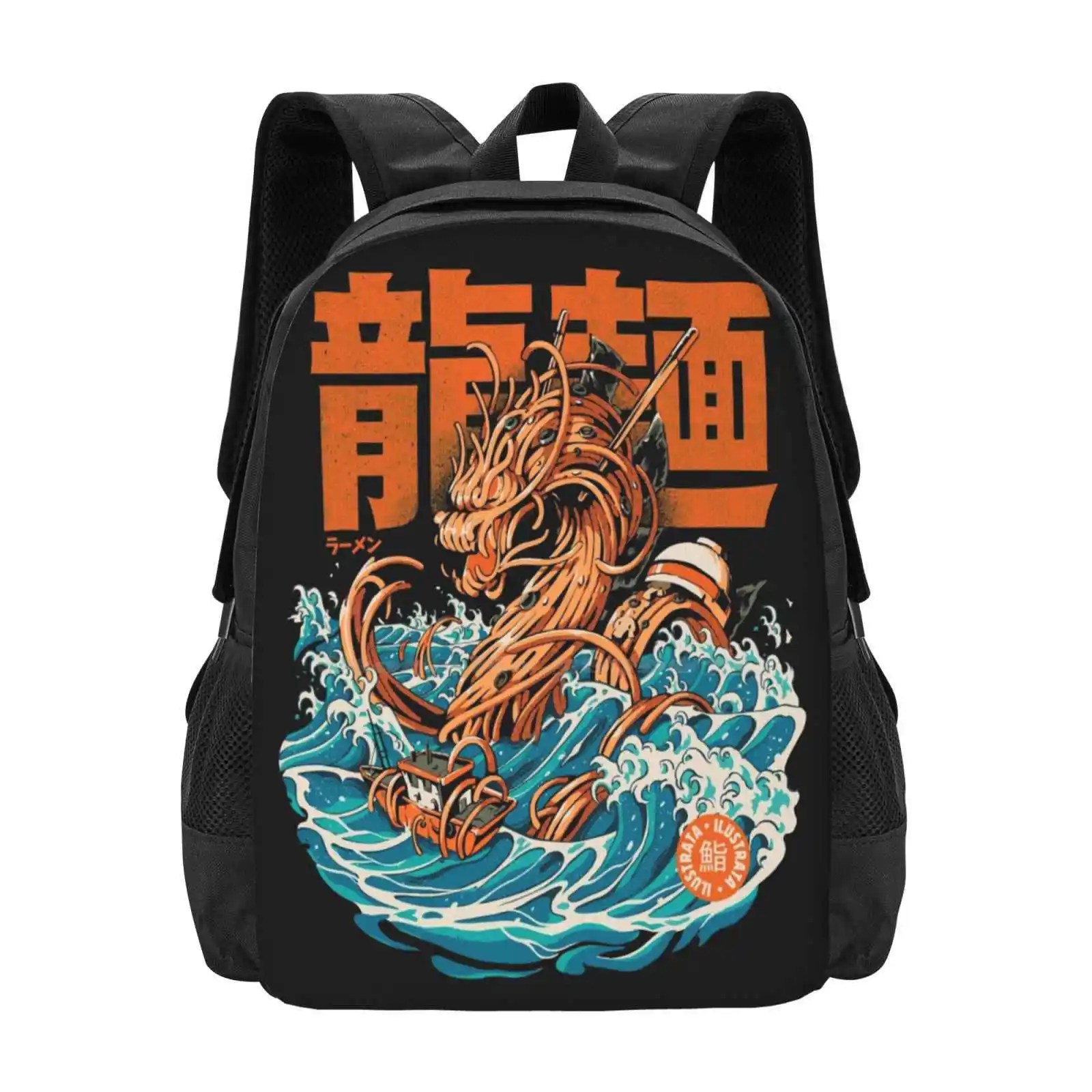 Black Great Ramen Dragon Off Kanagawa School Bags For Teenage Girls Laptop Travel Bags Dragon Kaiju Monster Retro Sushi