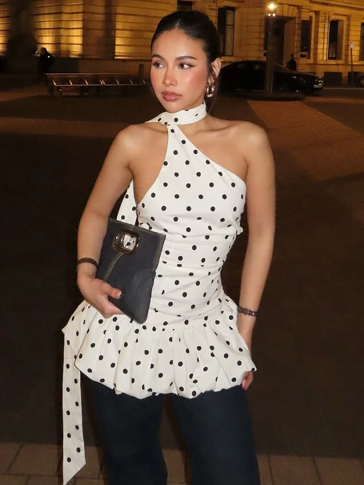 

BluWin Polka Dot Print Dress Women Slanted Shoulder Scarf Folds Puffy Hem Summer Fashion Elegant Street Skinny Mini Bodycon