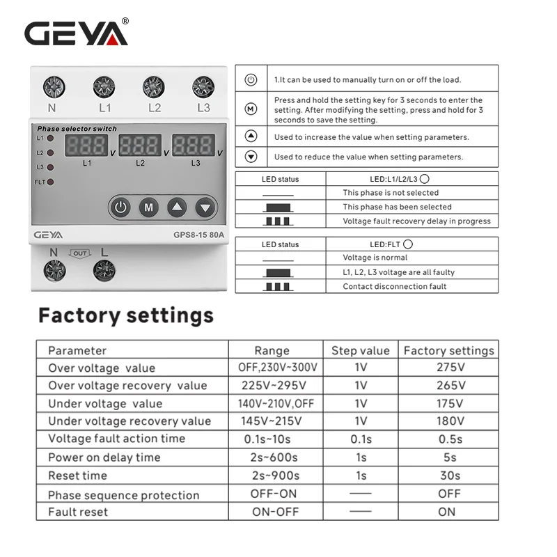 GEYA Adjustable Over Under Voltage Current Limit Protection Relay Protector  Phase Selector With Voltage Current Protection