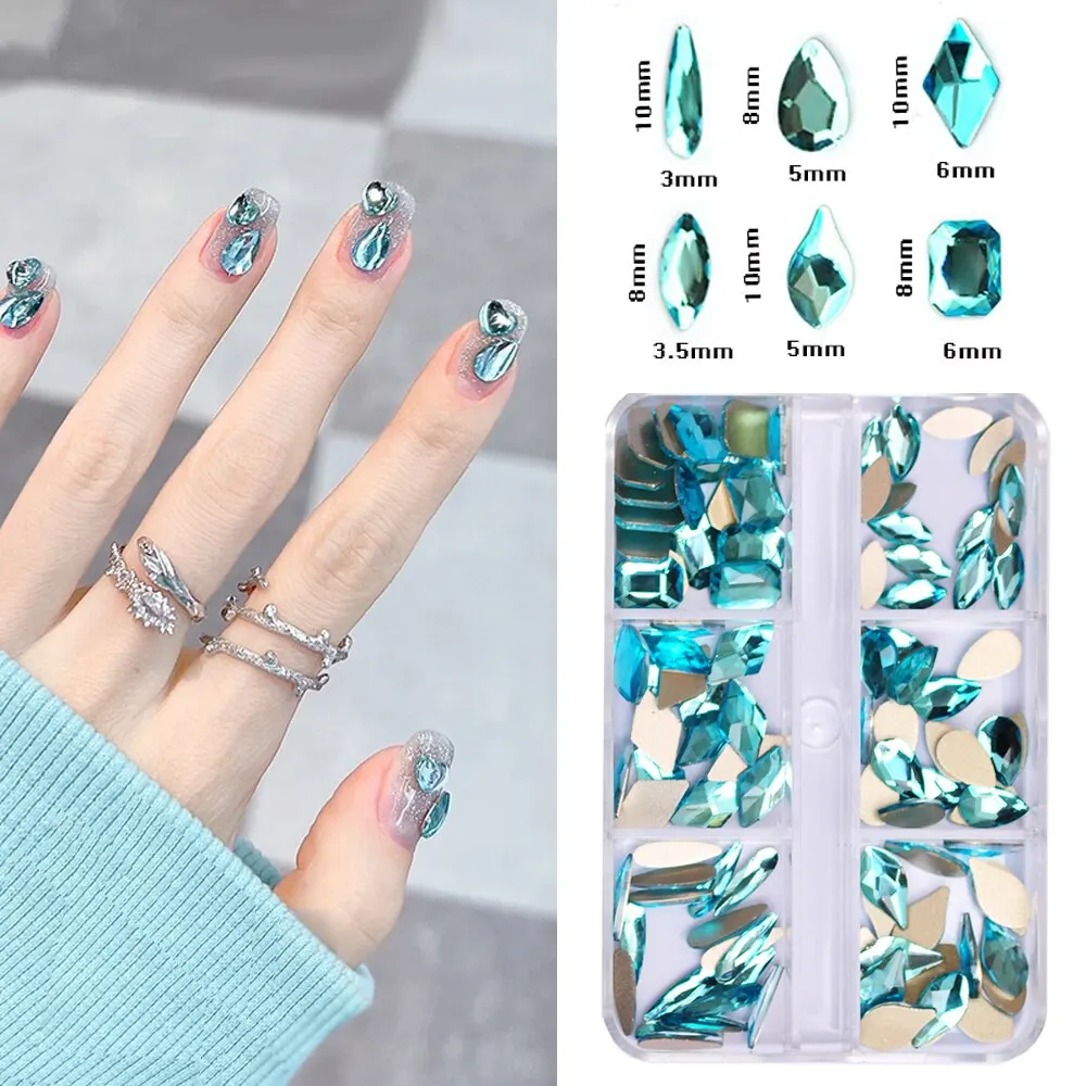 6 Grids Mixed Size Aquamarine Nails Art Rhinestones Shiny Nail Parts Diamonds Nail Supplies for Professional Accessories