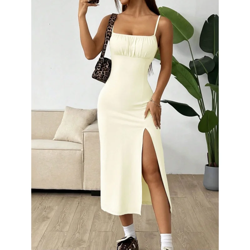 

2025Spring and Summer New International StationtkWomen's Simple Style Dress High Waist Split Slim Fit Strap Midi Dress