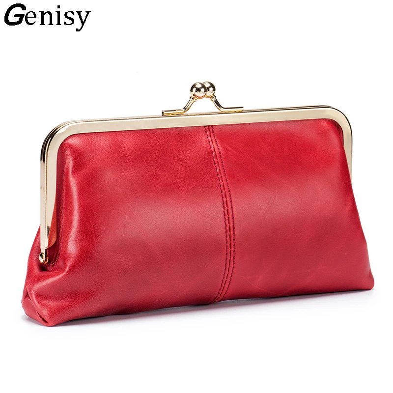 Brand Design Women Wallets Genuine Cow Leather Purse Lady Long Wallet Cowhide Clutch Phone Purses Card Holder Retro Metal Frame