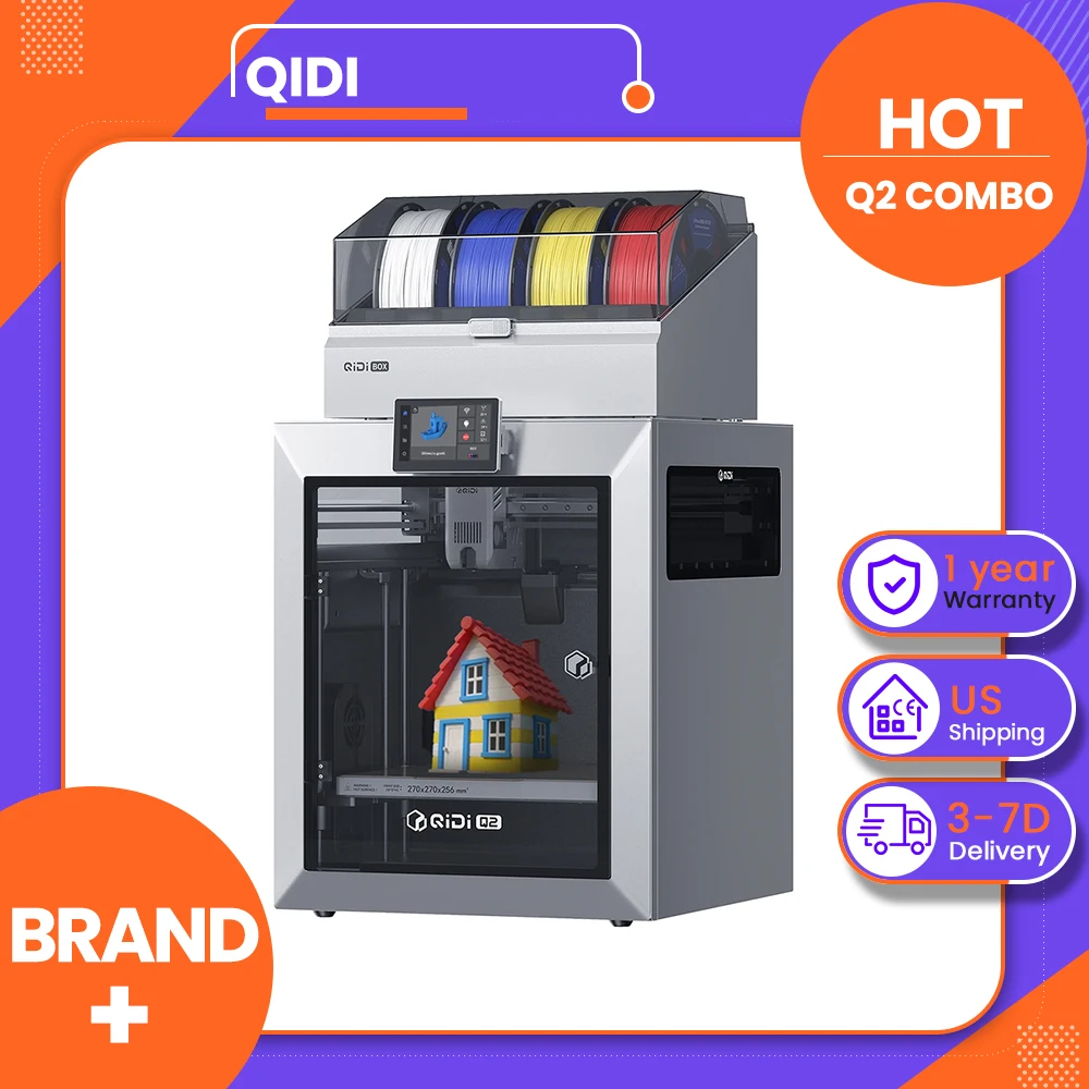 QIDI Q2 Combo 3D Printer, 600mm/s High-Speed Printing, CoreXY, 4-Color Multi-Material Printing, 370°C Hotend, 65°C Heated Chamber, Automatic Leveling, AI Camera Monitoring, Auto Filament Reload, 270×270×256mm Build Volume