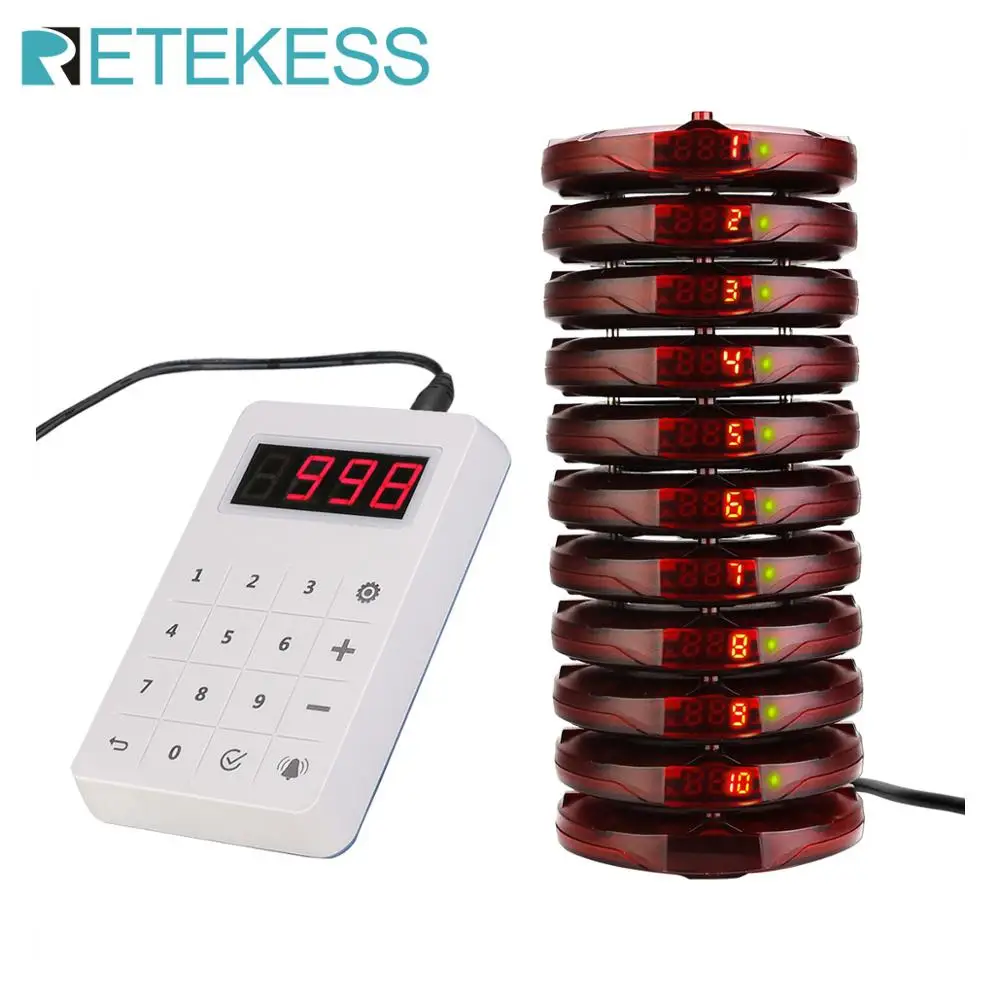 Retekess TD158 Food Truck Vibrator Pagers Restaurant Calling System 10 Coaster Buzzer Receivers Waterproof Keyboard For Bar Cafe