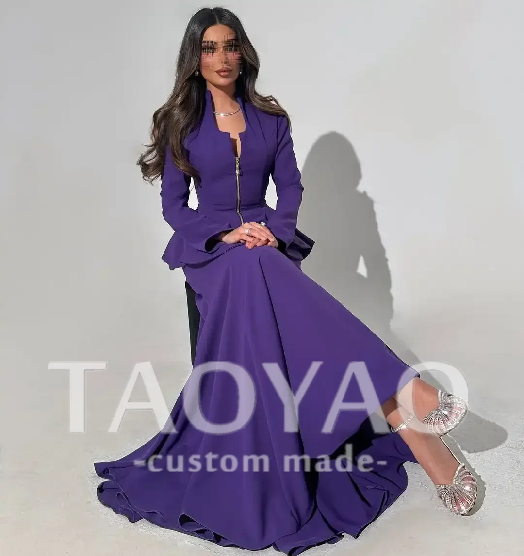 

Фиолетовые платья для выпускного вечера по индивидуальному заказу с v-образным вырезом и длинными рукавами, вечерние платья Vestidos De Fiesta, плиссированные вечерние платья длиной до пола