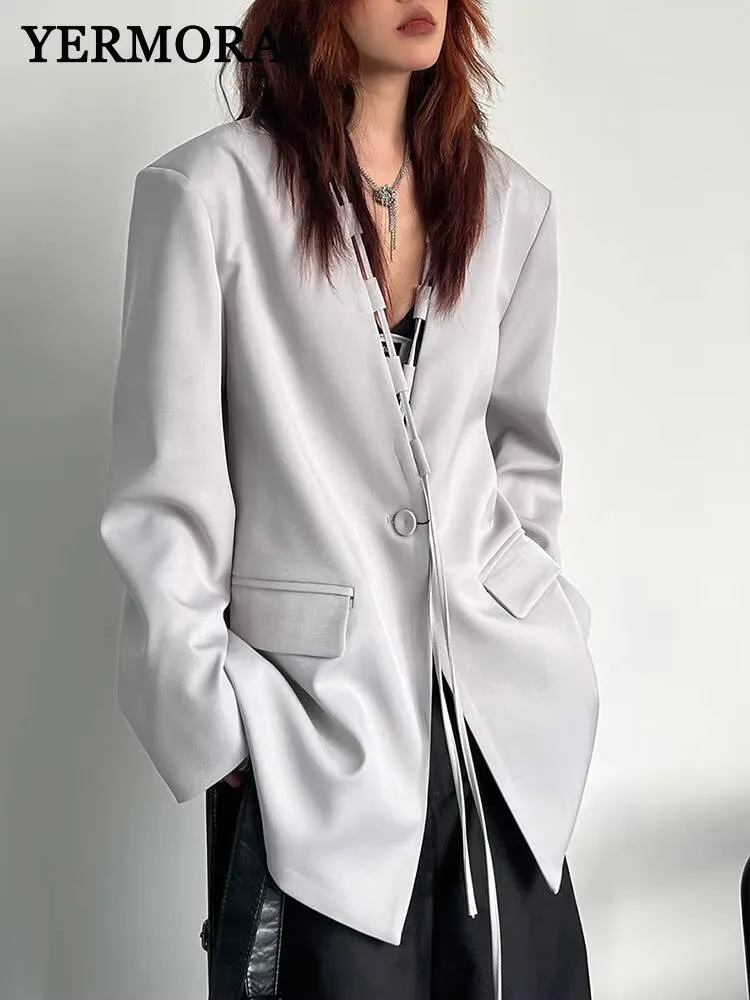 

YERMORA Gray Drawstring Button Casual Blazer For Women V-neck Long Sleeve Loose New Jacket Fashion Tide Spring Autumn 2025