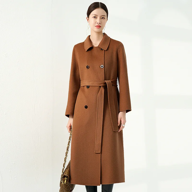 

2023 【 Highest Quality 】100% Cashmere Coat Women Long Water Ripple Camel Coat Women Winter Black Loose Casual Temperament Commut