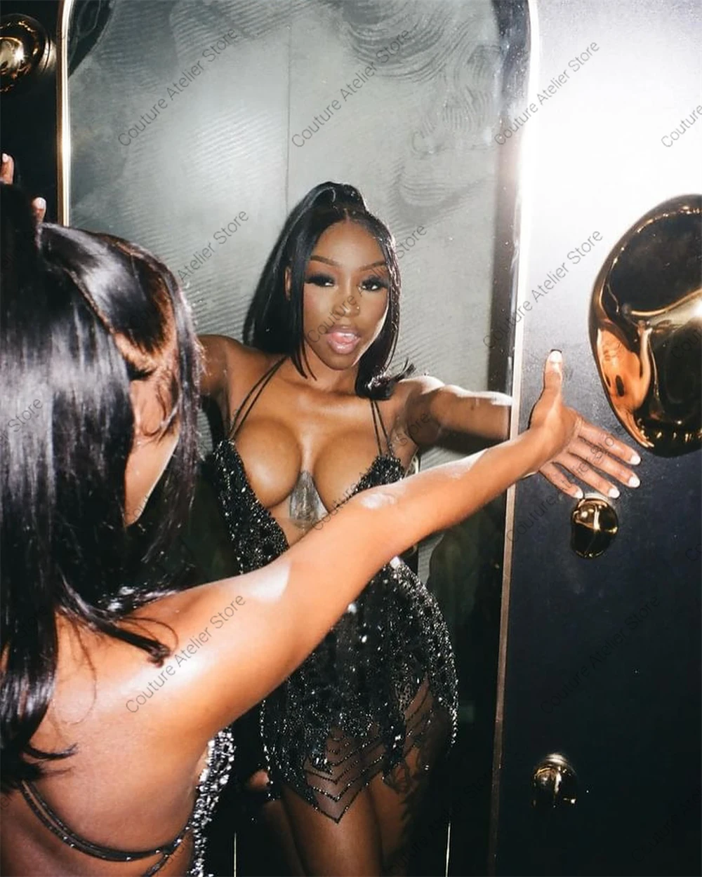 Halter Black Mermaid Prom Dresses Beaded Rhinestones Mirror Pieces Blackgirls 2024 Birthday Luxury Dress Party Gowns Customized