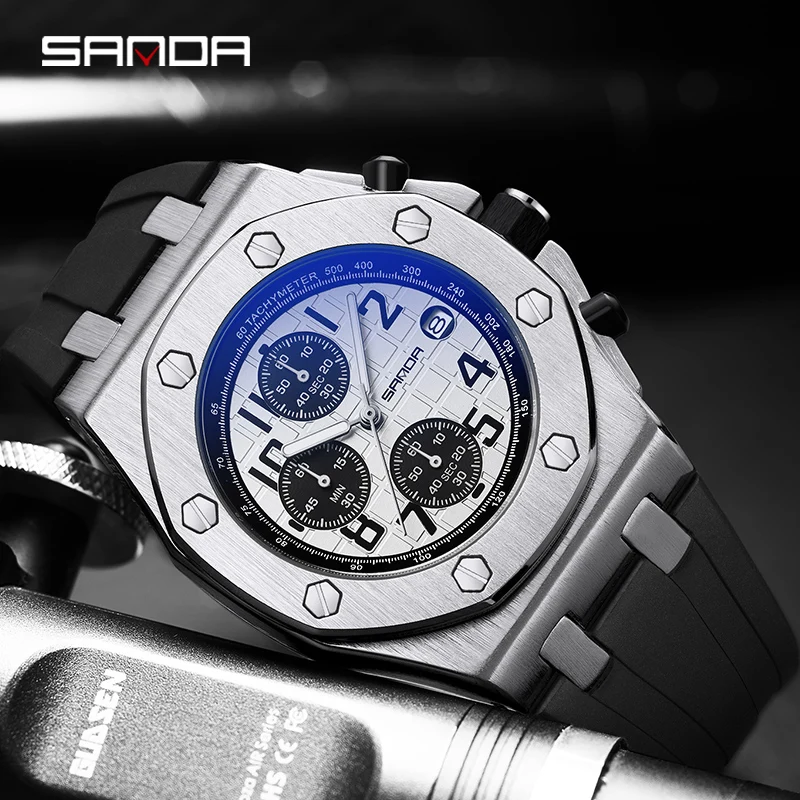 SANDA Top Brand Quartz Men Watch Fashion Three Eyes Six Needle Dial Design Multifunctional Waterproof Silicone Watches Men Watch