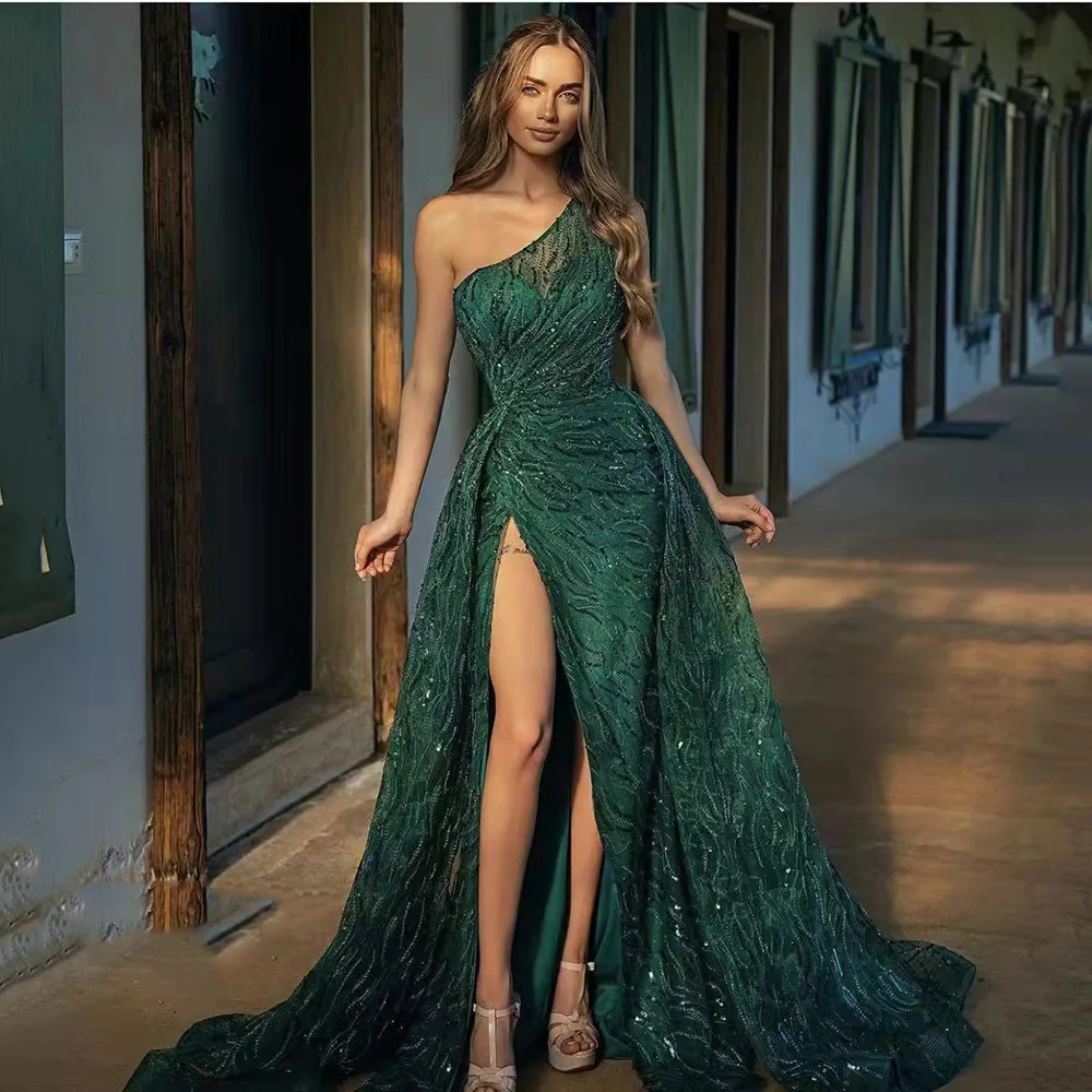 Green Shiny Evening Dresses One Shoulder Prom Gowns  A Line Sequined  Vestidos de Gala High Slit Floor Length Robes de Soriee