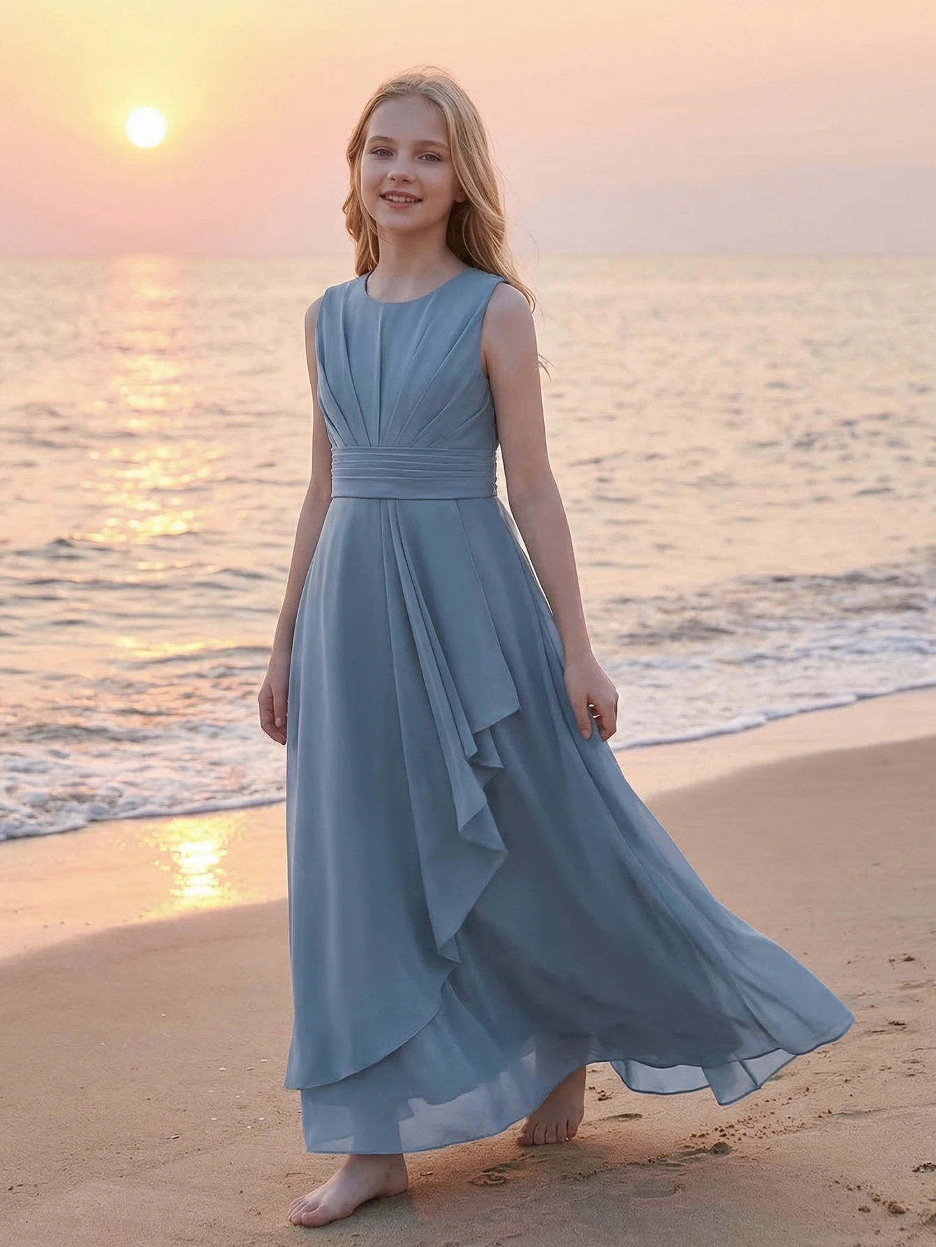 Teen Girl Long Party Dress Elegant Grey Blue Silk Fabric Sleeveless V-Neck Backless Ruffled Flowy Dress,Vacation,Party,Wedding