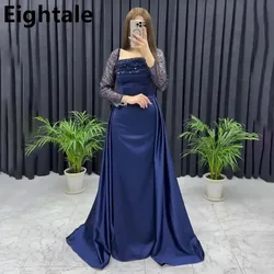 Customized Long Sleeve Navy Blue Evening Dress For Wedding Party Sequin Mermaid Formal Prom Dress Dubai Party Gown