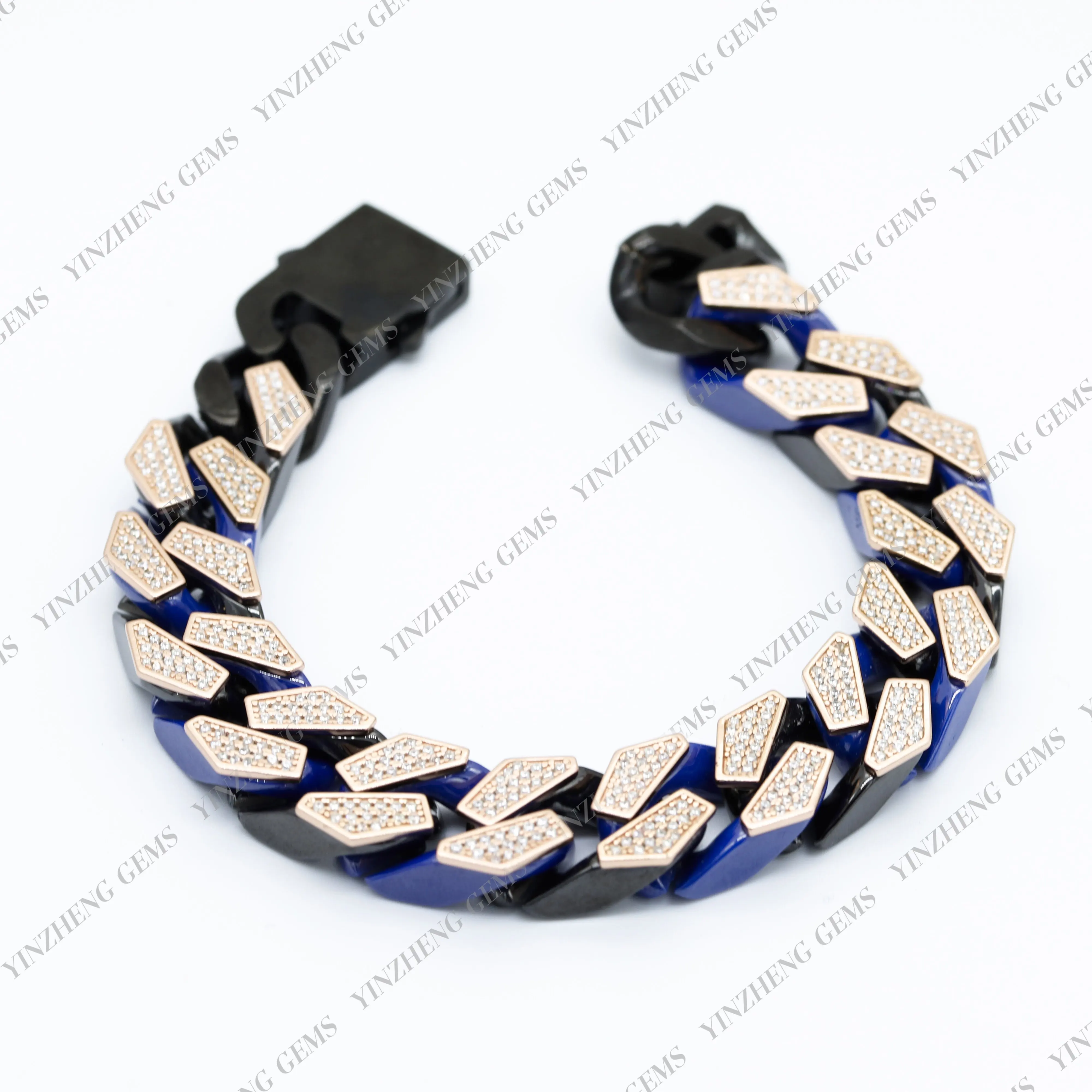 Hip Hop 30cm 925 Plata Nanocristal Porcelana Azul Negro Cadena cubana Pulsera punk