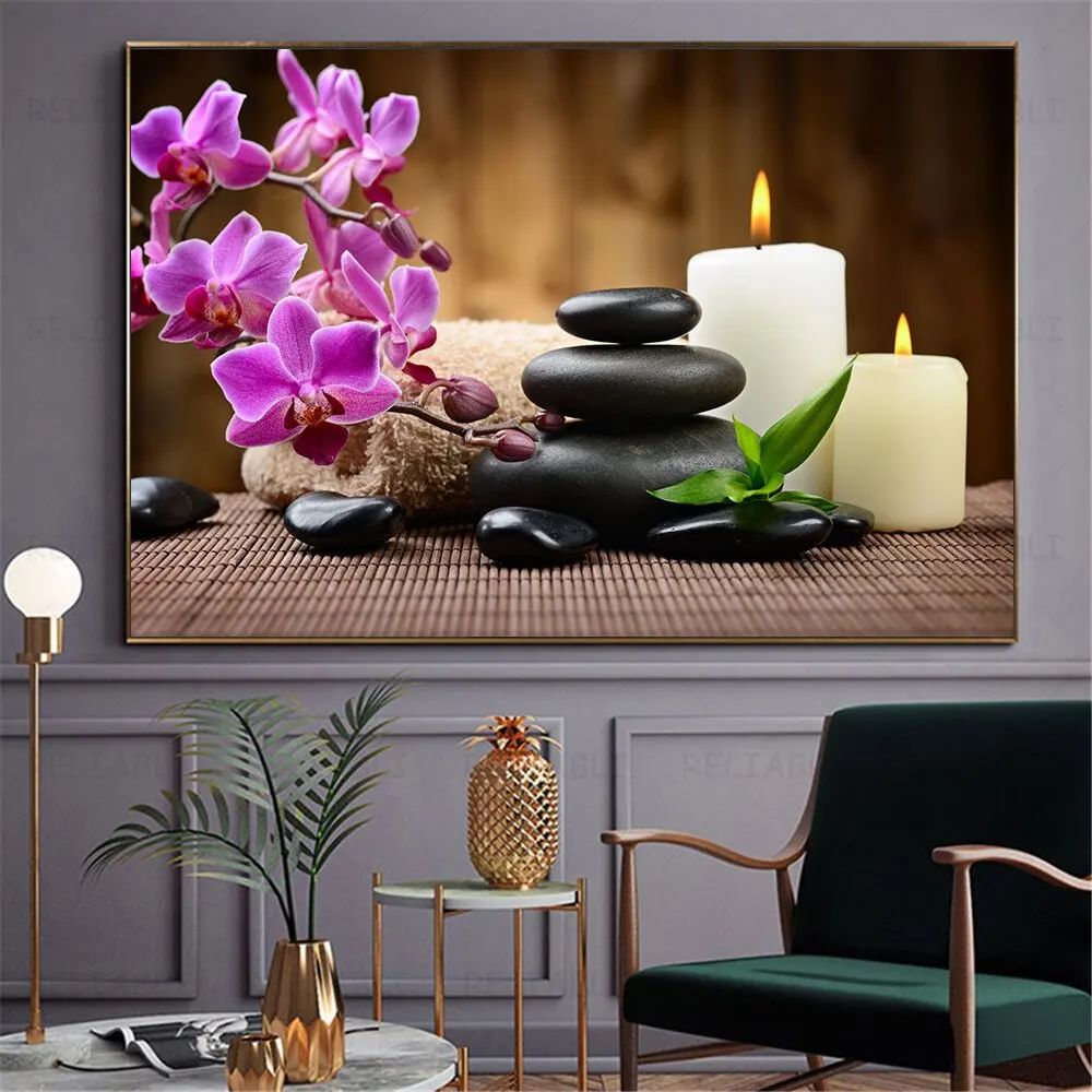 Zen Stones  Orchid Canvas Wall Art  Spa Candles Poster for Bathroom Decor Serene Flower Painting Home Decor