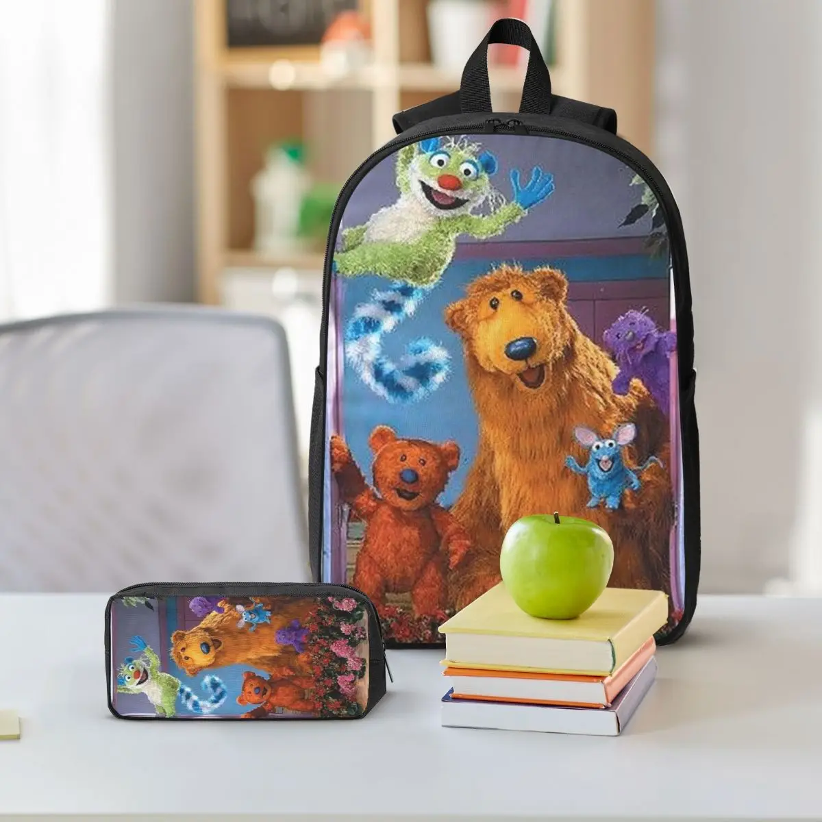 큰 파란색 집에 있는 곰 배낭 남아 여아 책가방 학교 가방 컴퓨터 숄더백 3ps 보온 도시락 가방 필통