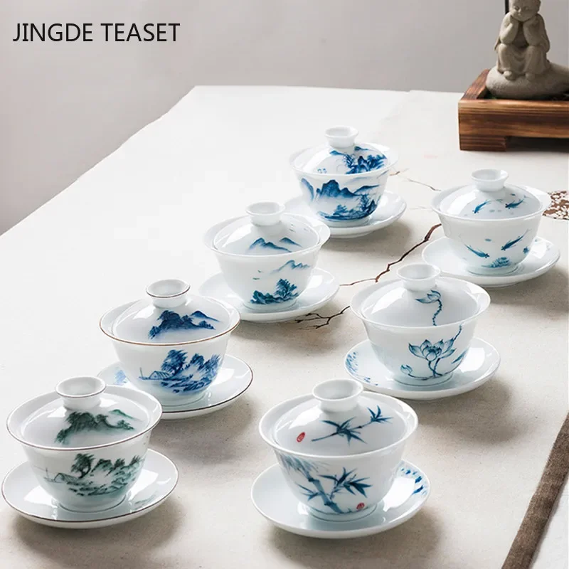 Chinese Ceramic Gaiwan Hand Painted Teacup Tea tureen handmade Porcelain Teaware Accessories Drinkware Personal Single Cup