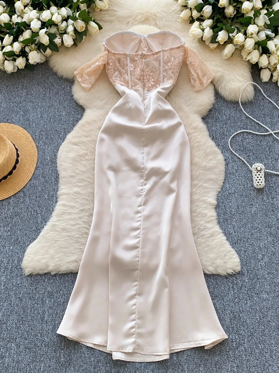 Satin Patchwork Elegant Trumpet Dress Women Off The Shoulder Vintage Clothing Lady Birthday Party Chic Vestidos Bodycon NK10