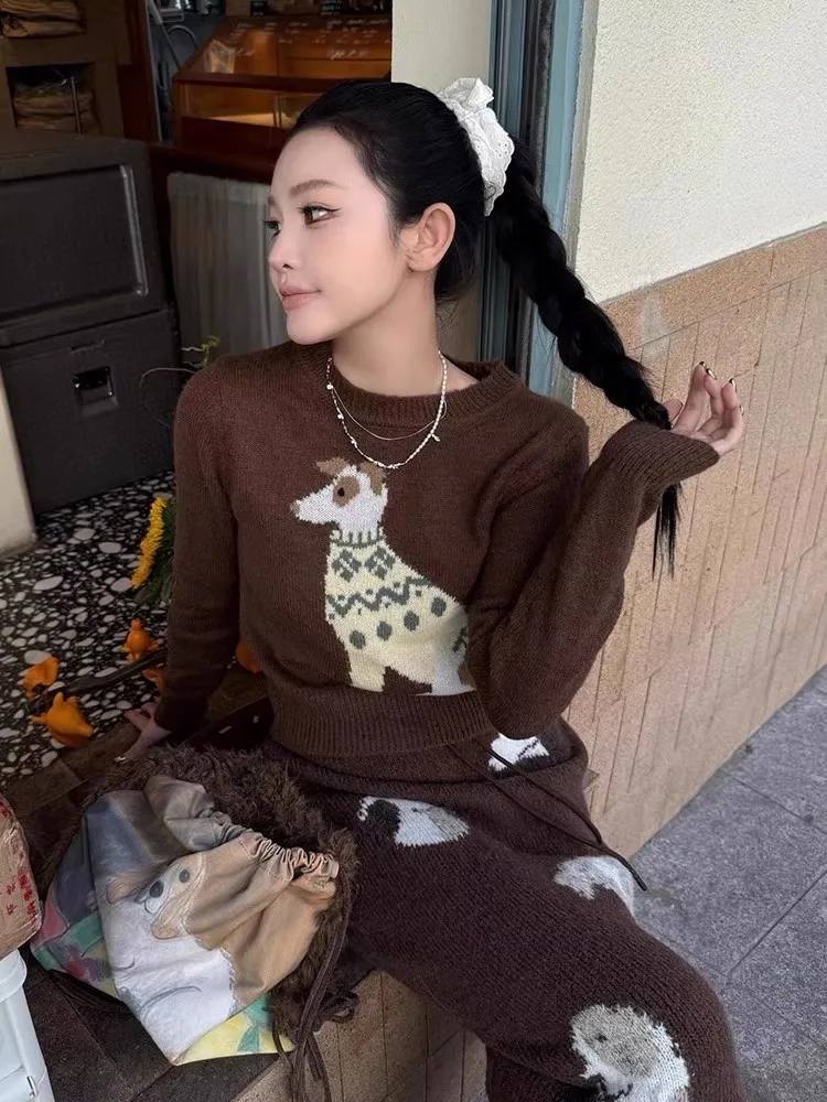 レディース子犬パーティー ニットセータースカートセット 秋冬暖かい犬クロップトップ＆ミディAラインスカート スリムで居心地の良い2ピースアウトフィット