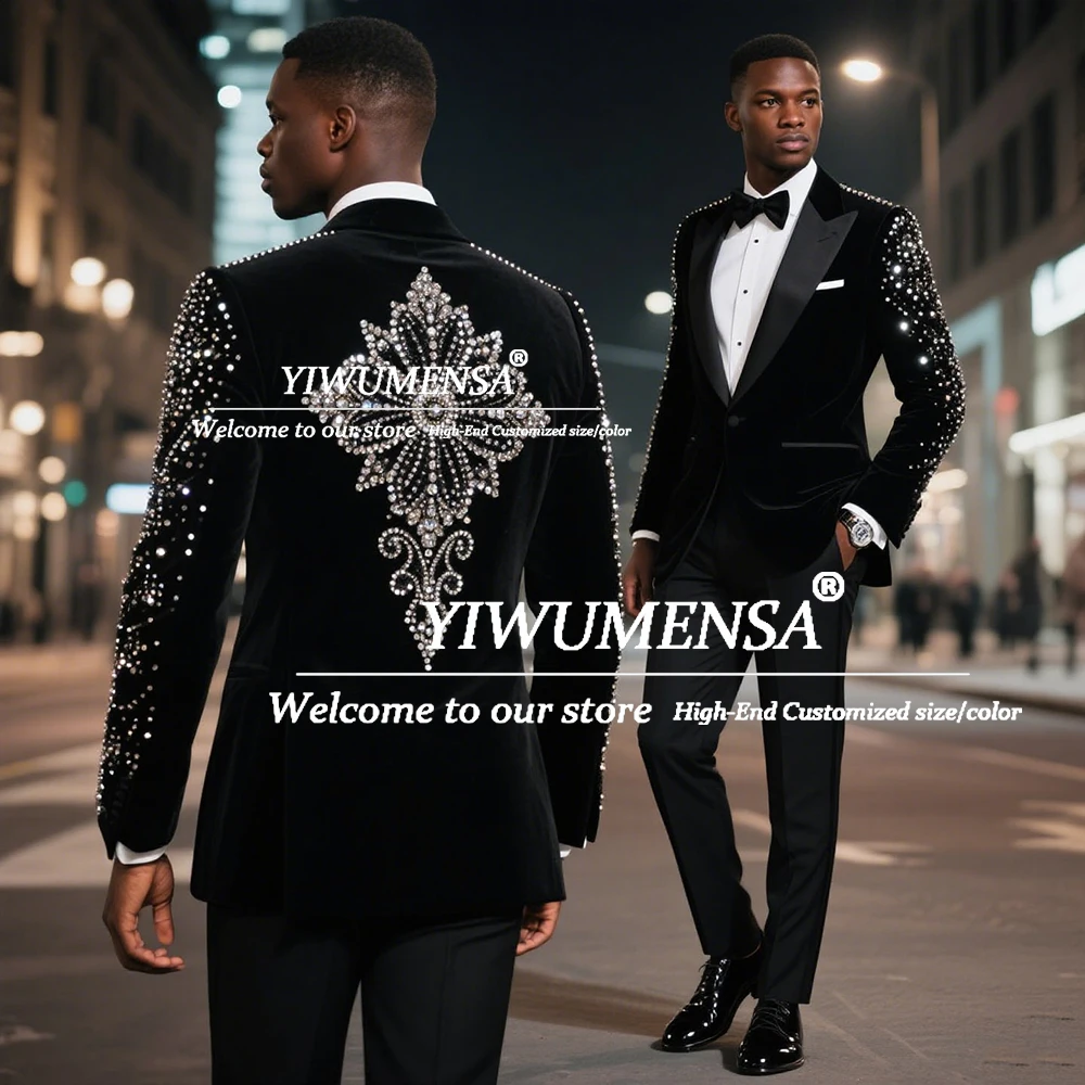 Jas Pengantin Pria Berhias Batu Cantik 2 Potong Set Kerah Notch Beludru Jas Pesta Pria Model Tuxedo