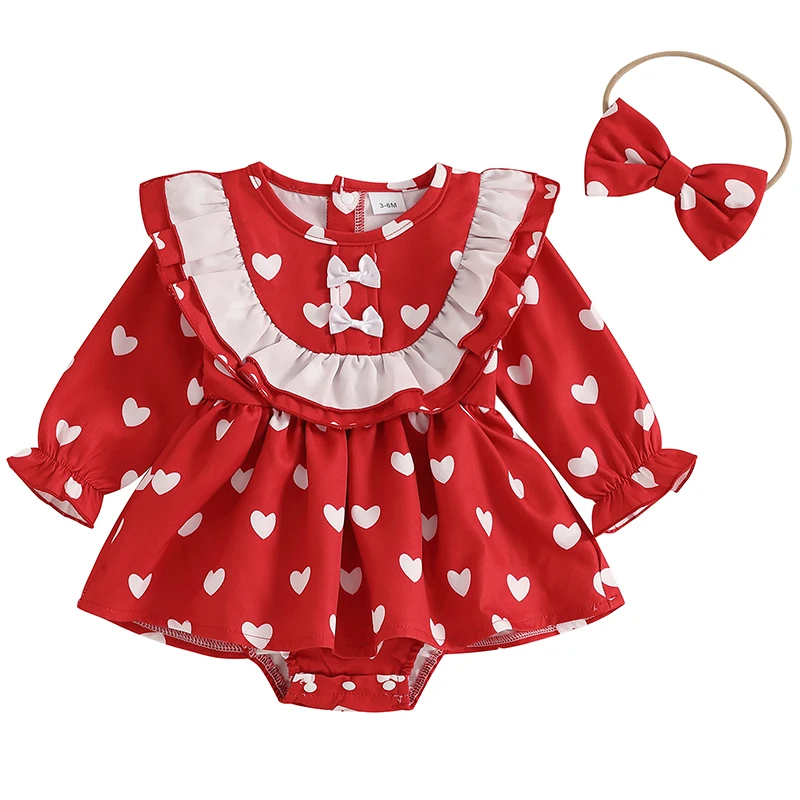 Baby Girl Heart Romper Dress Ruffled Long Sleeve Jumpsuit Bow Headband Valentine s Day Outfits