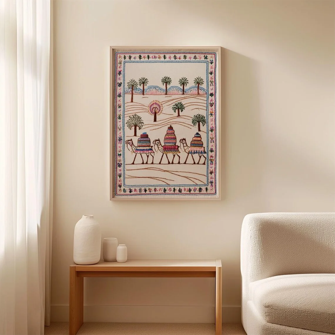 Desert Caravan Poster, Camel Folk Art Wall Print, Boho Textile Decor